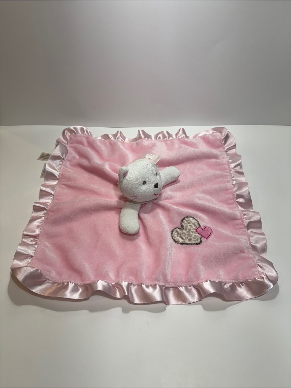 Carter's 15" White Bear Rattle Hearts Pink Satin Trim Lovey Security Blanket